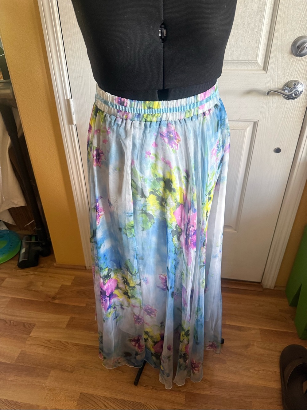 Watercolor Floral Maxi Skirt in Light Blue with Pink & Yellow Accents